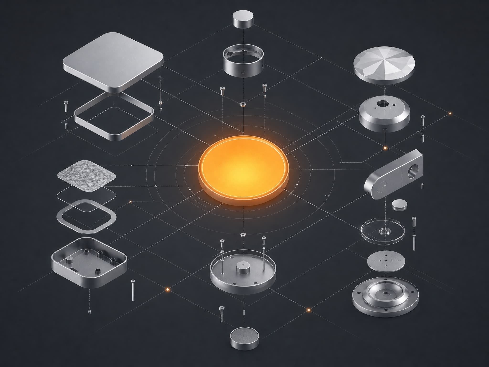 Exploded silver concept parts arranged around a glowing node on a dark technical grid