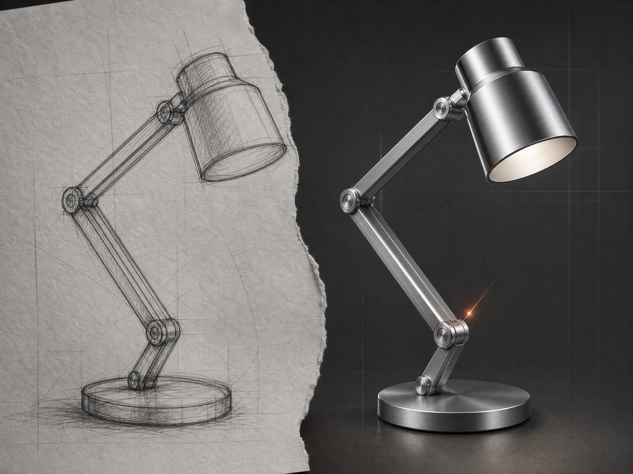 A pencil sketch of a folding desk lamp resolving into a finished studio concept render