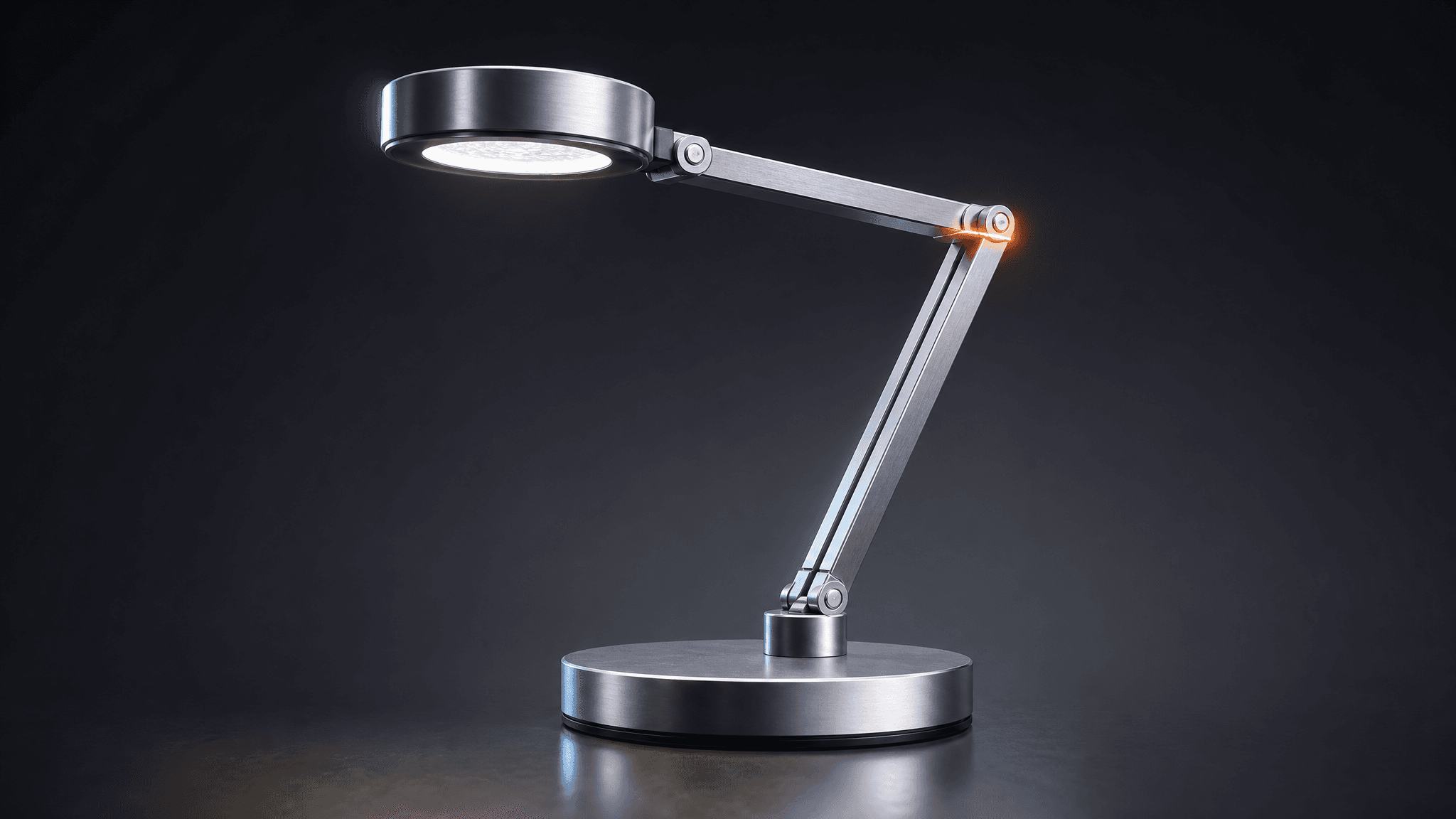 Brushed aluminium folding desk lamp concept render on a dark studio background