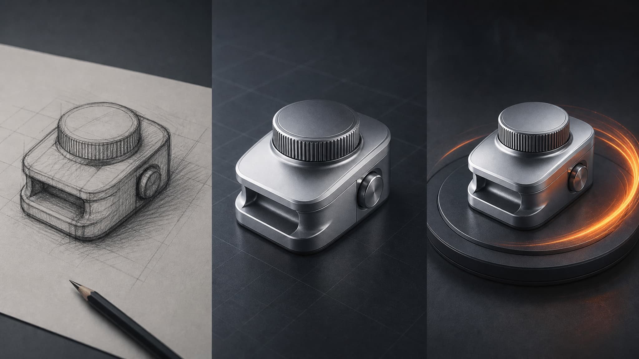 One product concept shown in three stages: pencil sketch, studio render, then turntable preview